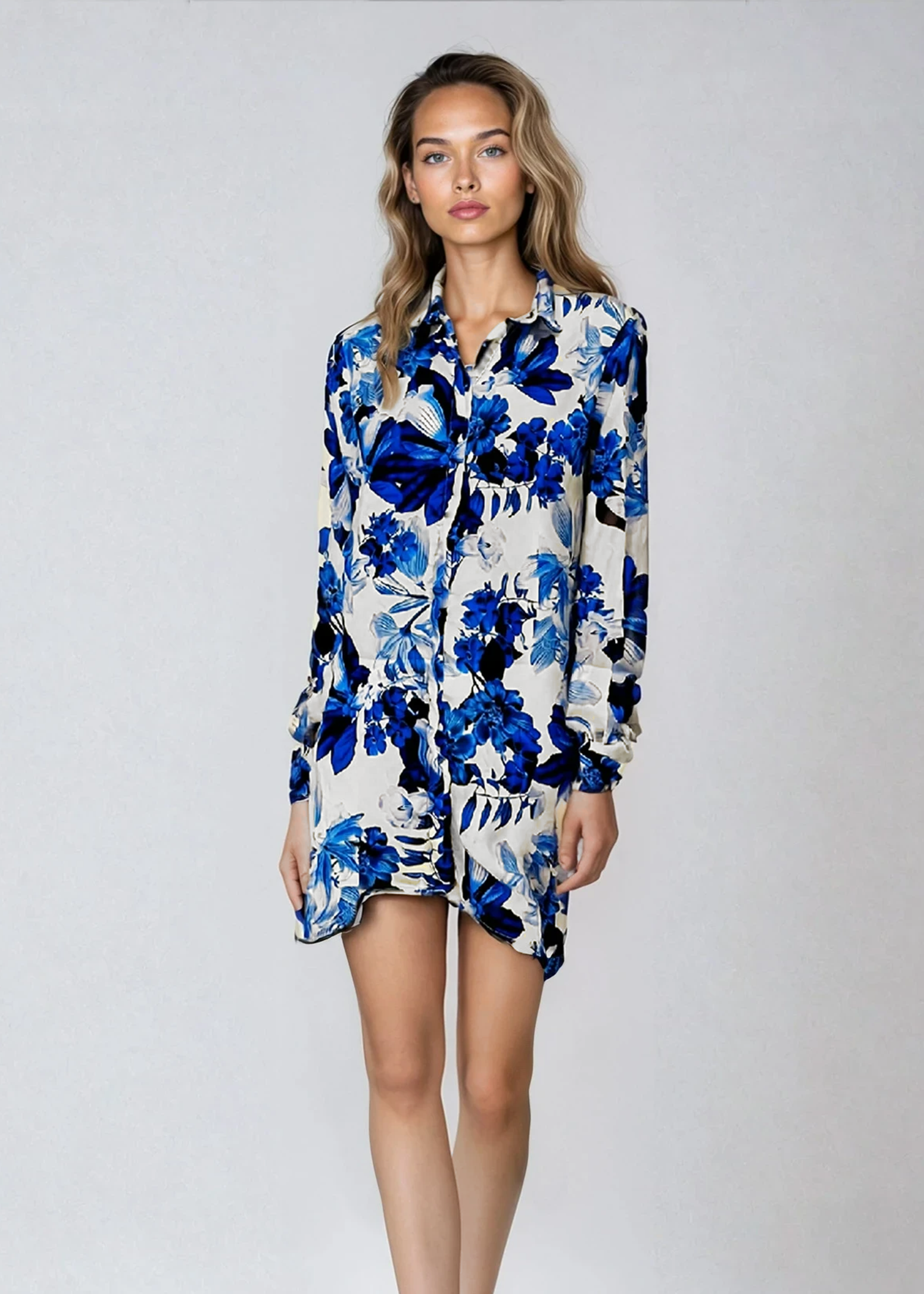 Nancy Beach Shirt - Royal-Blue Flowers