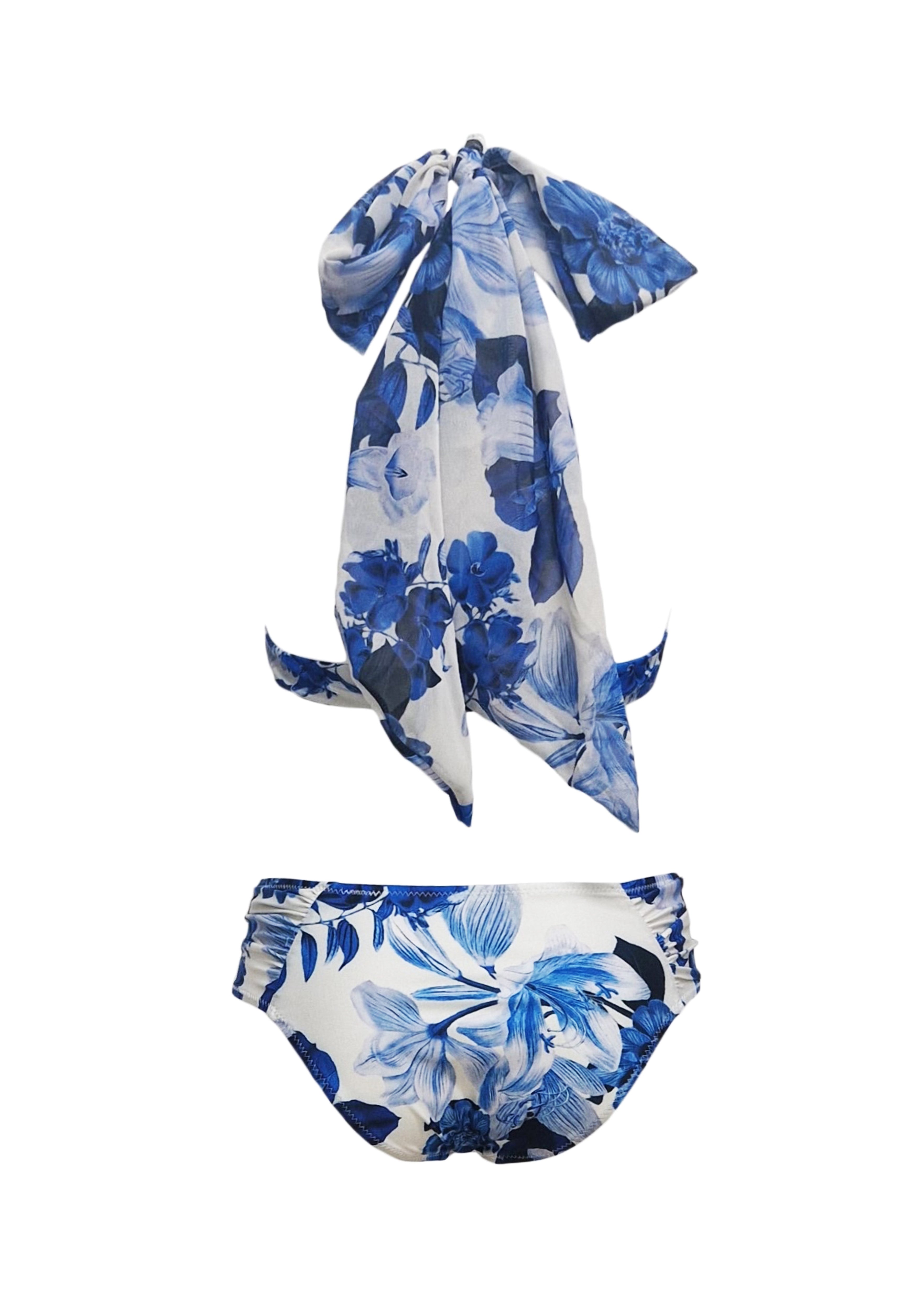 Rosa Bikini - Royal-Blue Flowers & Blue Straps