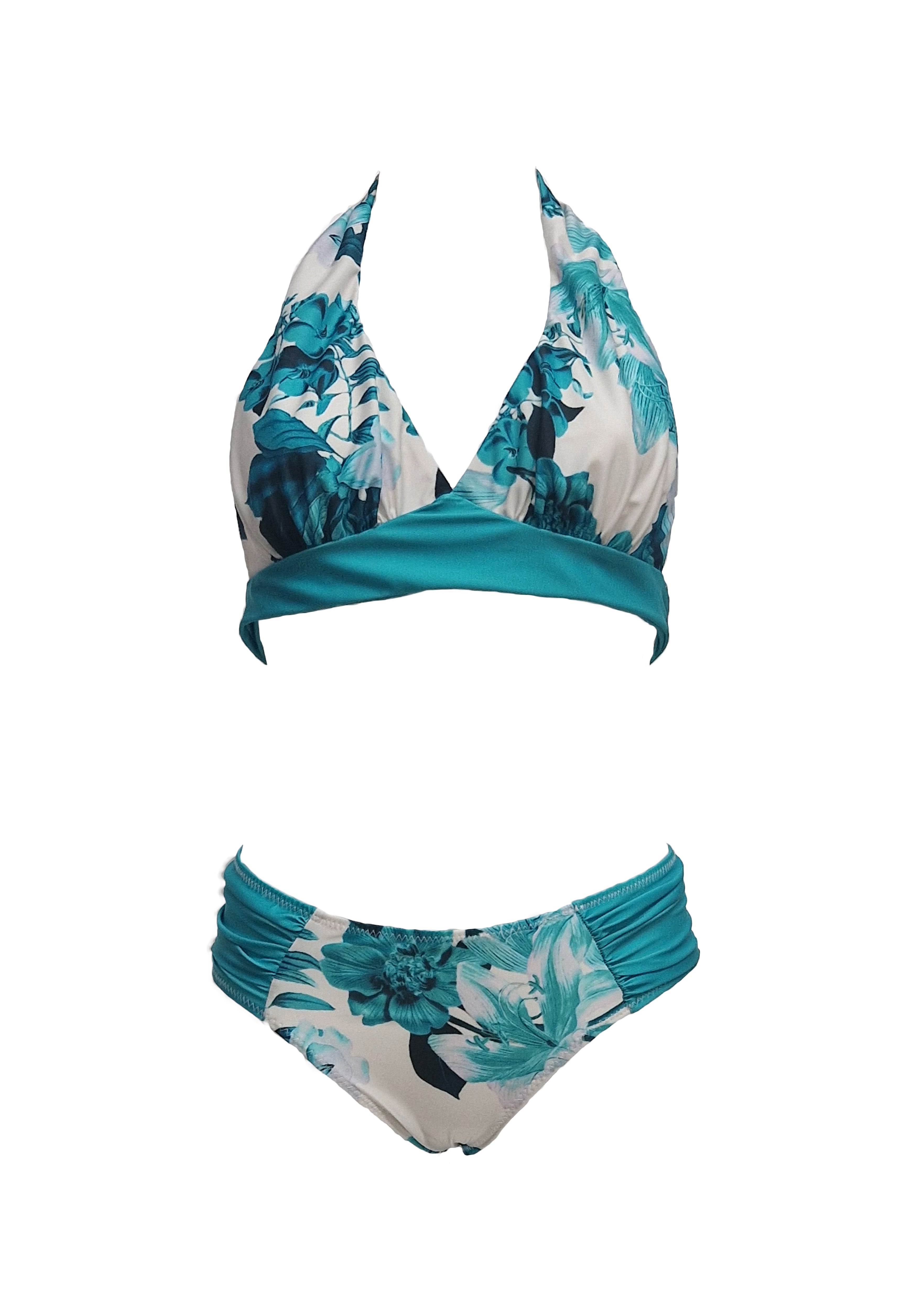 Rosa Bikini - Royal-Cyan Flowers & Cyan Straps