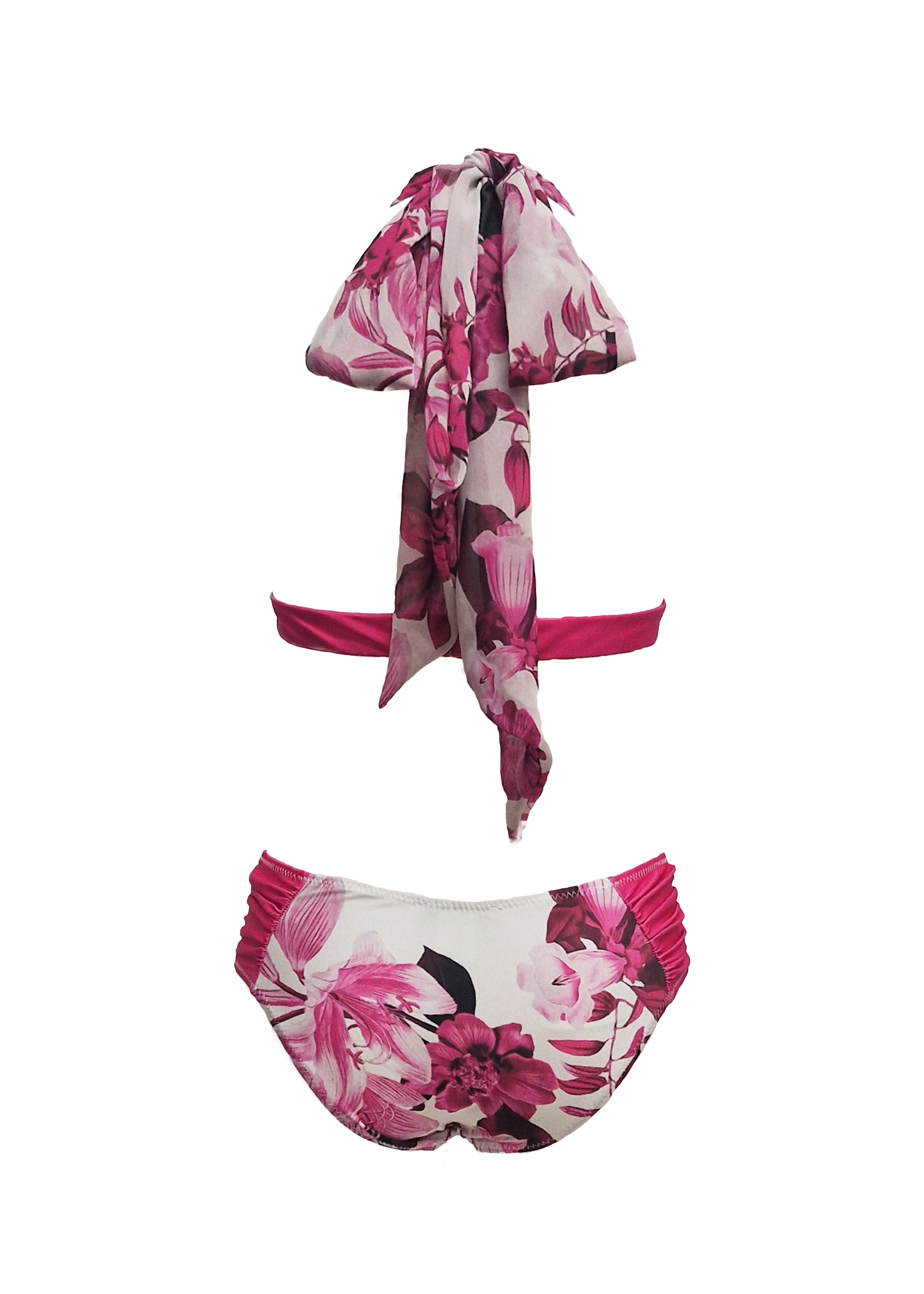 Rosa Bikini - Royal-Fuchsia Flowers & Fuchsia Straps - Set