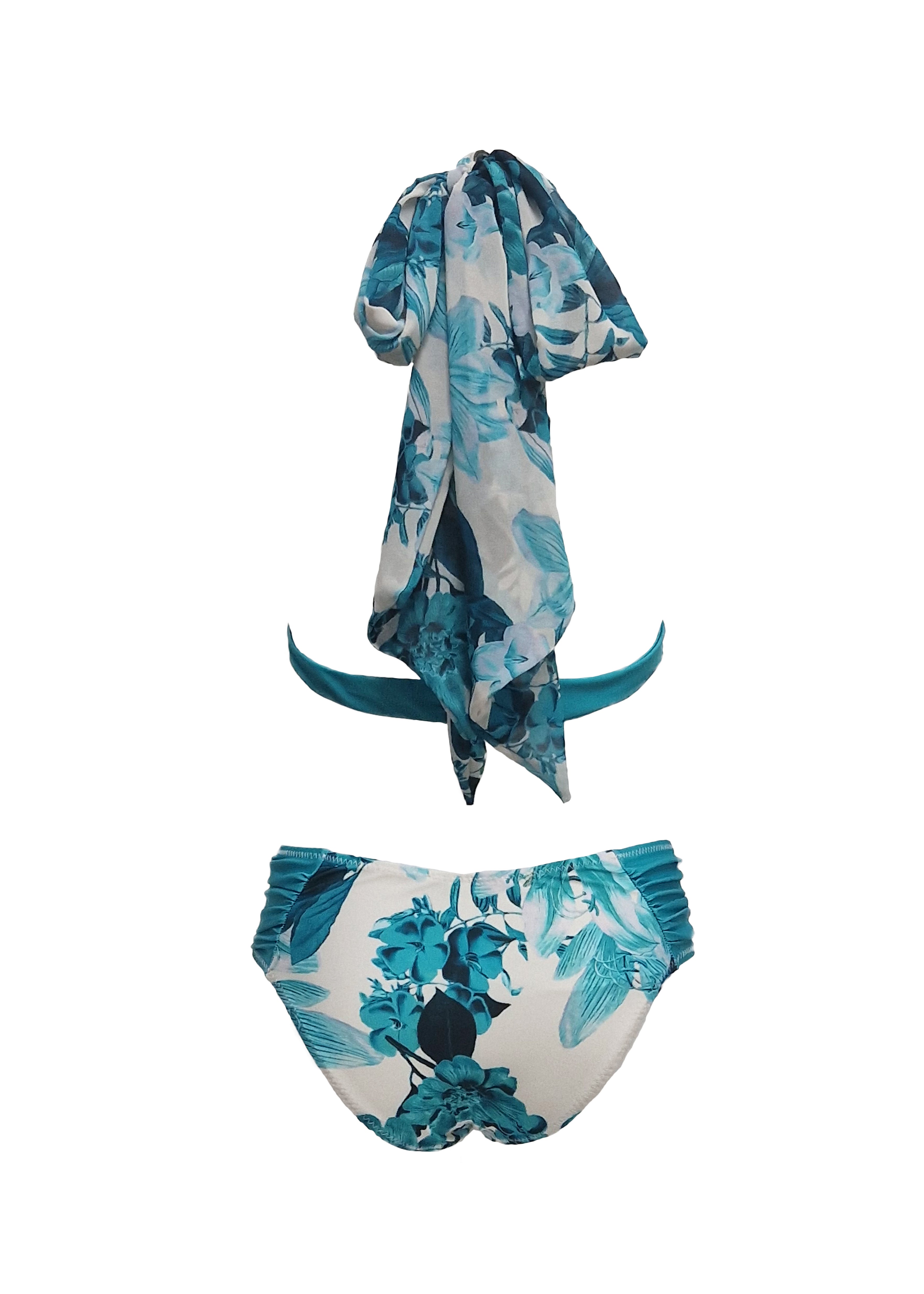 Rosa Bikini - Royal-Cyan Blumen & Cyan Träger