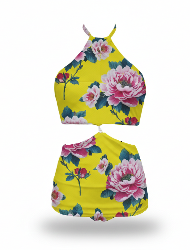 Maxine One piece- Pink Roses on Yellow