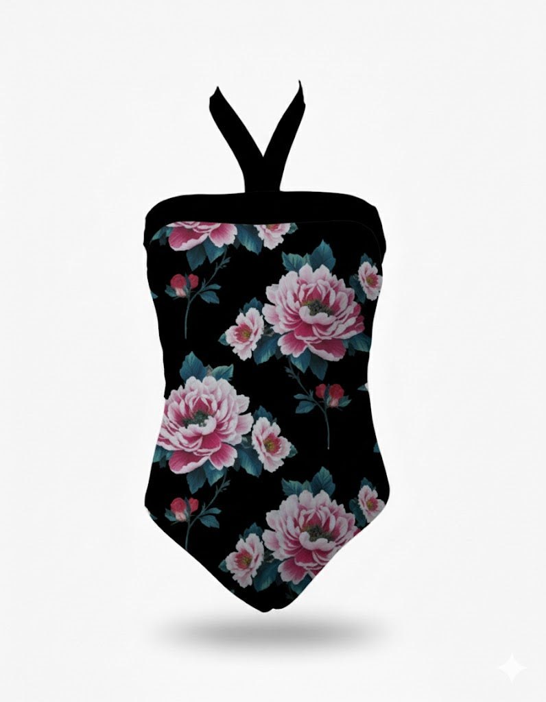 Evelyn One piece - Pink Roses on Black