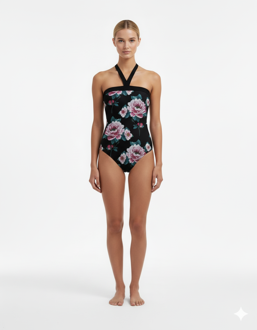 Evelyn One piece - Pink Roses on Black