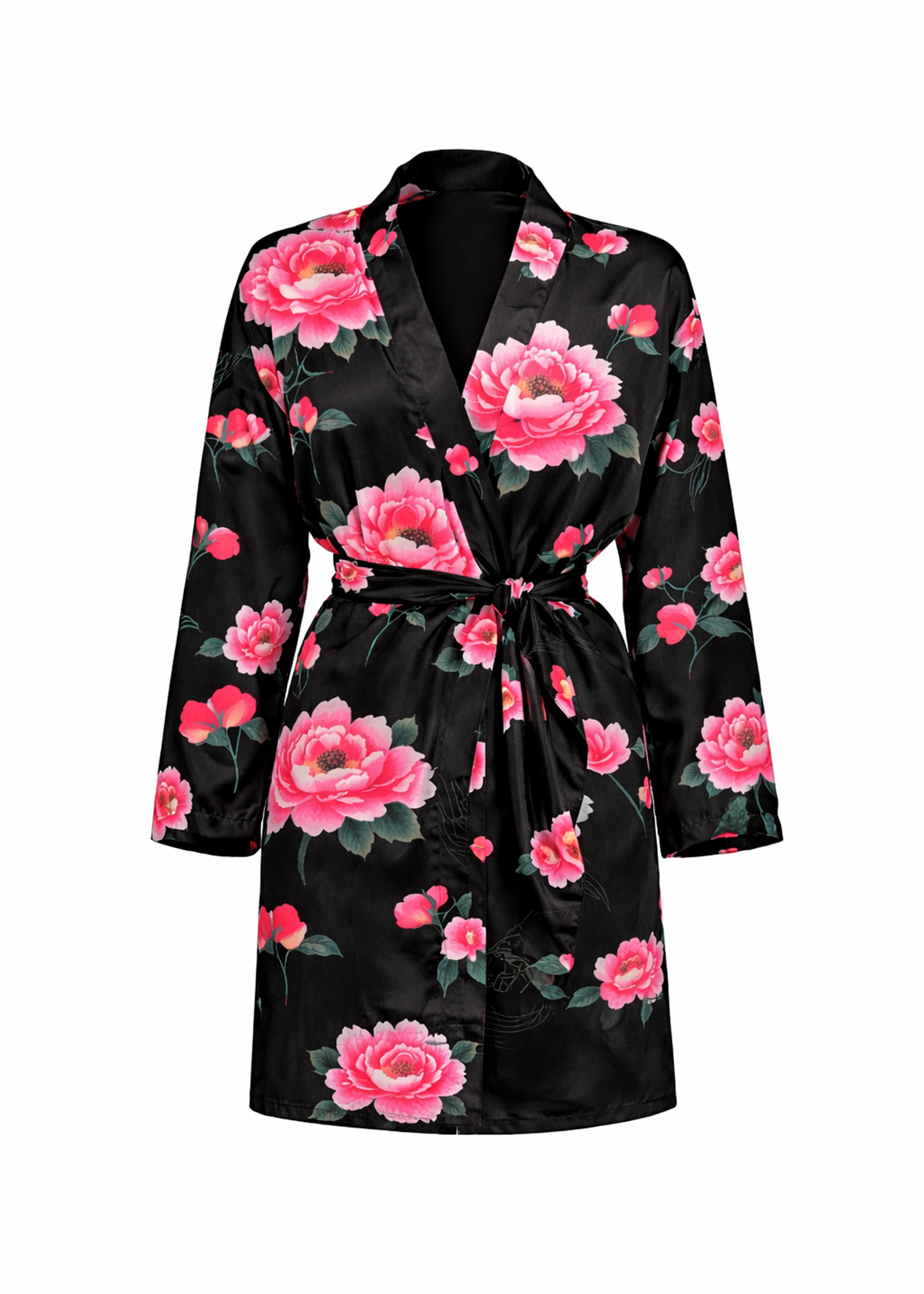 Fiona Beach Robe - Pink Roses on Black